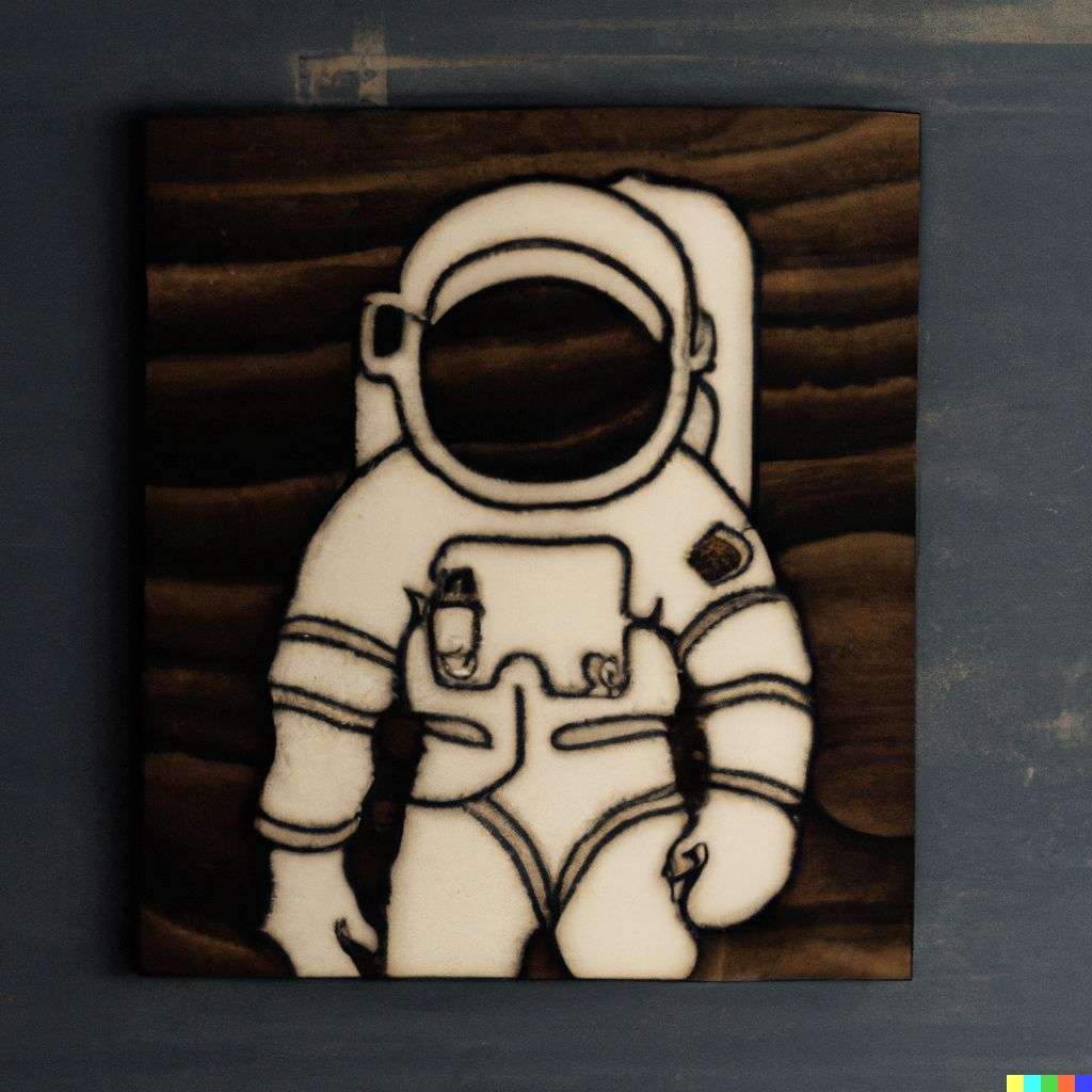 an astronaut, pyrography on a piece of wood